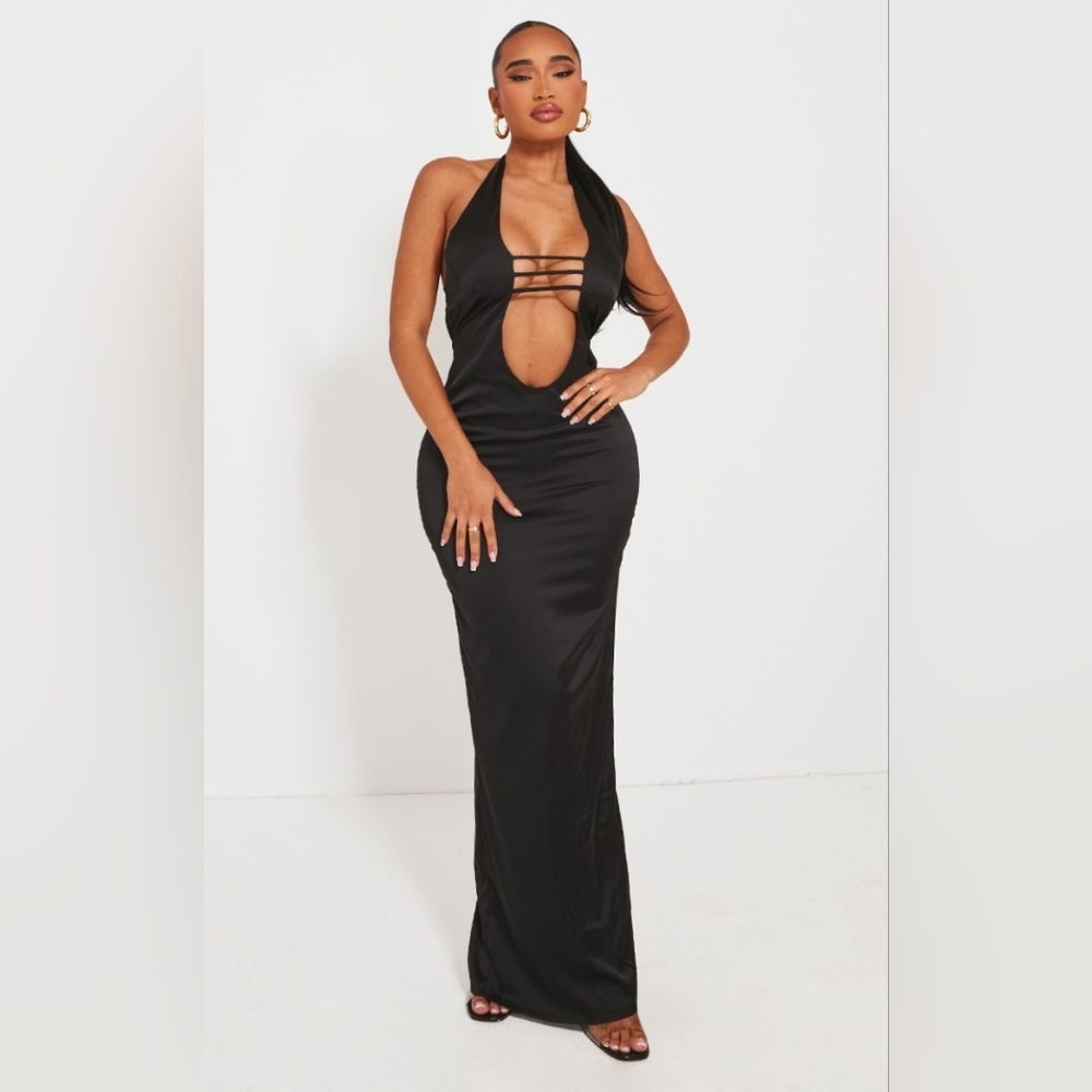 New! PrettyLittleThing Black Satin Plunge Front Backless Halter Maxi Dress 14